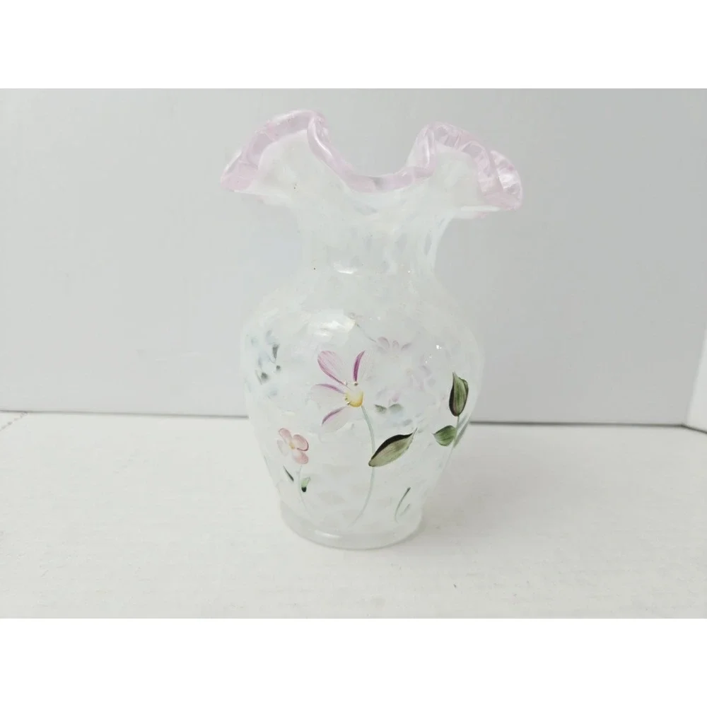 Fenton Glass vase painted flowers 5 3/4
